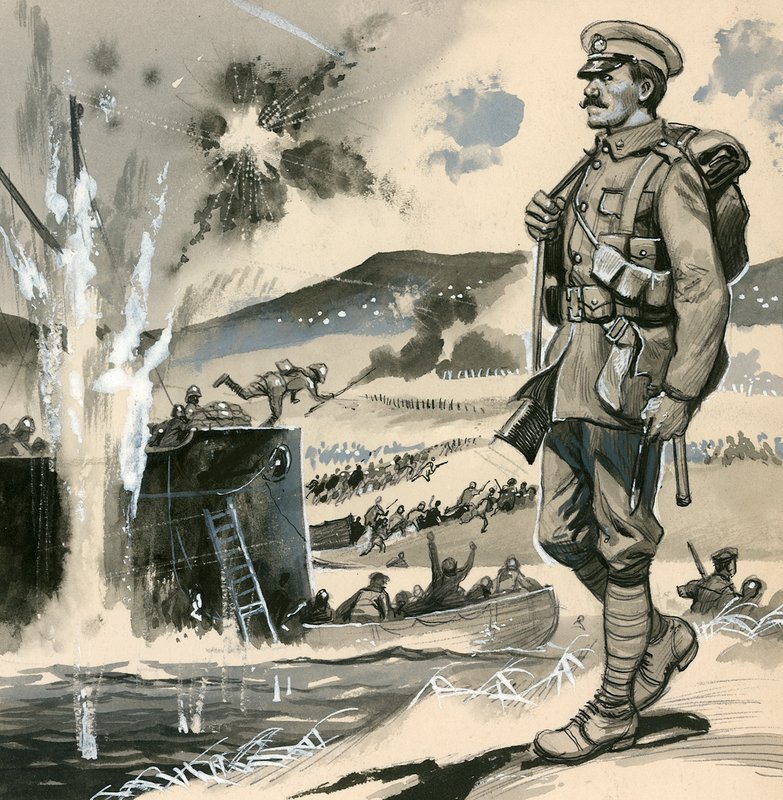 Marines reais nos desembarques anfíbios em Dardanelos em 1915 de English School