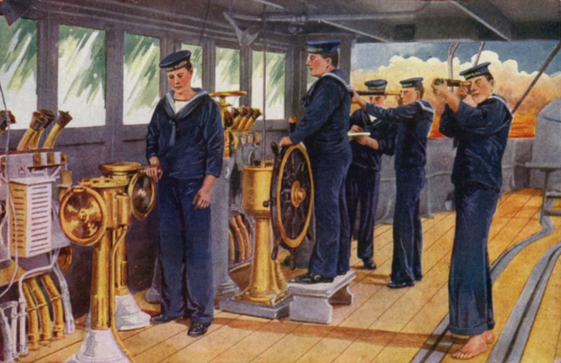 Real Quartel Naval, Chatham: Com a Frota, Observando os Movimentos da Bandeira a partir da Ponte da Frente (cor litho) de English School