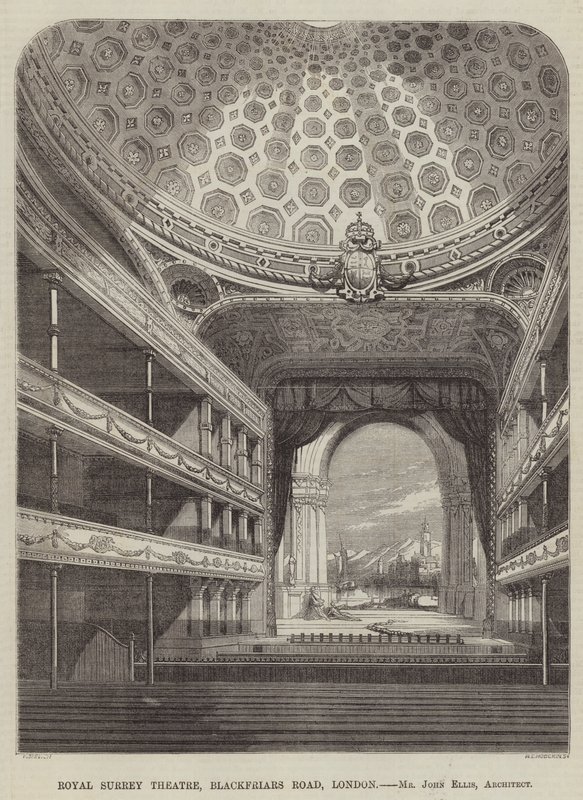 Royal Surrey Theatre, Blackfriars Road, Londres, Sr. John Ellis, Arquitecto (gravura) de English School