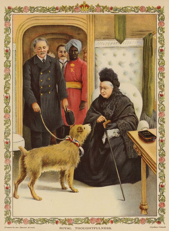 Royal Thoughtfulness - Queen Victoria na estação de Paddington, fazendo uma doação de caridade (chromolitho) de English School
