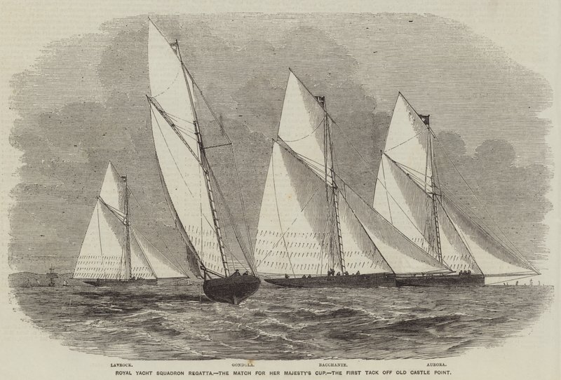 Royal Yacht Squadron Regatta, o Jogo da Taça de Sua Majestade, o Primeiro Tack Off Old Castle Point (gravura) de English School