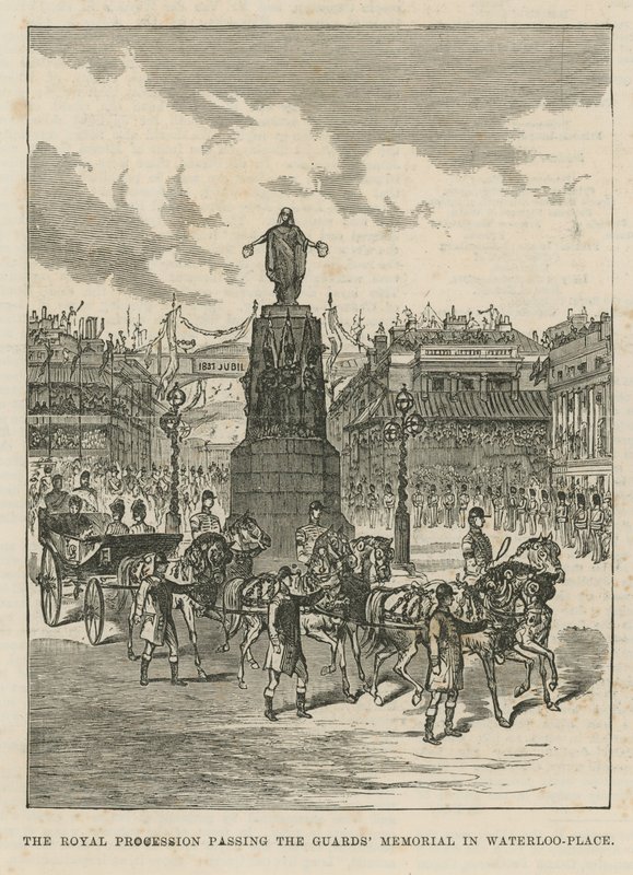 Royal procissão passando o Memorial de guardas em Waterloo Place de English School