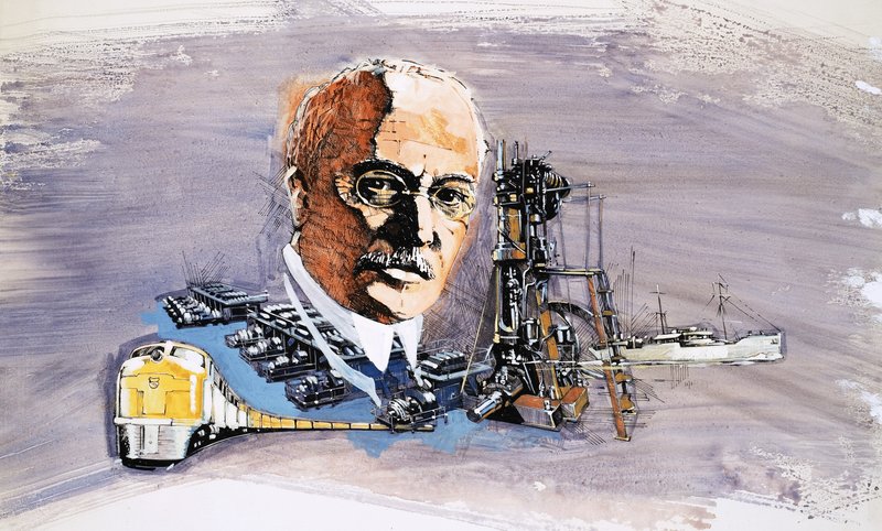 Rudolf Diesel contra o fundo de trens, barcos e docas de English School