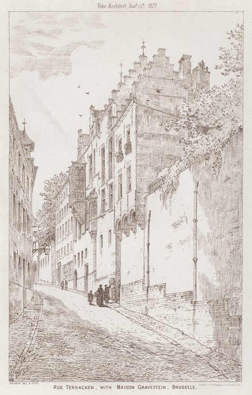 Rue Terracken, com Maison Gravestein, Bruxelas (gravura) de English School