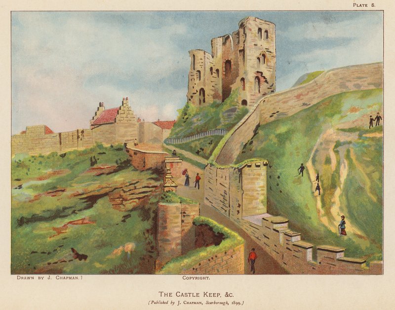 Torre de menagem em ruínas do Castelo de Scarborough (litografia a cores) de English School