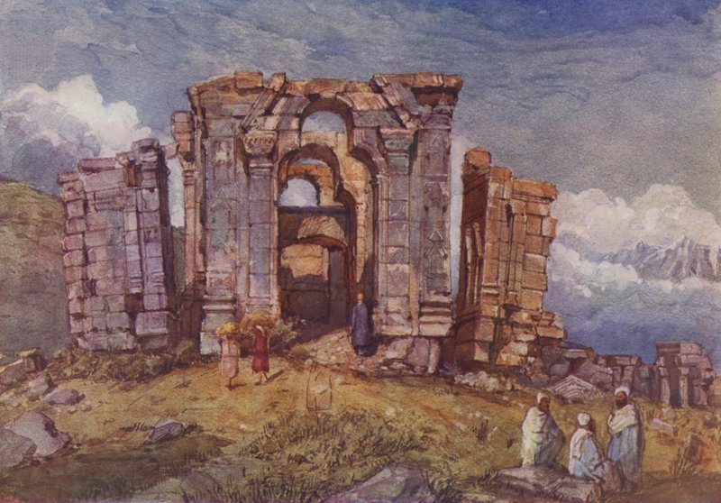Ruínas do Templo Martand Sun, Caxemira (cor litho) de English School