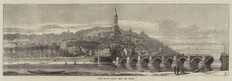 Ruínas de St Cloud, do rio (gravura) de English School