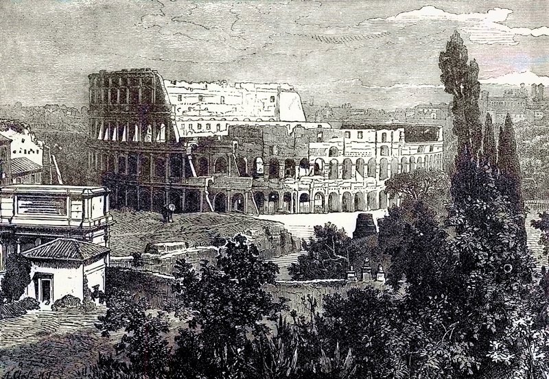 Ruínas do Coliseu, do Palatino, ilustração da História Universal Ilustrada por Edward Ollier, publicada em 1890 (imagem digitalmente aprimorada) de English School