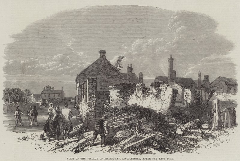Ruínas da Vila de Billinghay, Lincolnshire, após o falecido incêndio (gravura) de English School