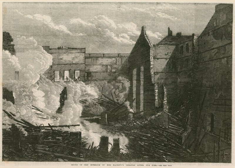 Ruínas do interior de seu teatro Majestys, Haymarket, Londres, após o incêndio de English School