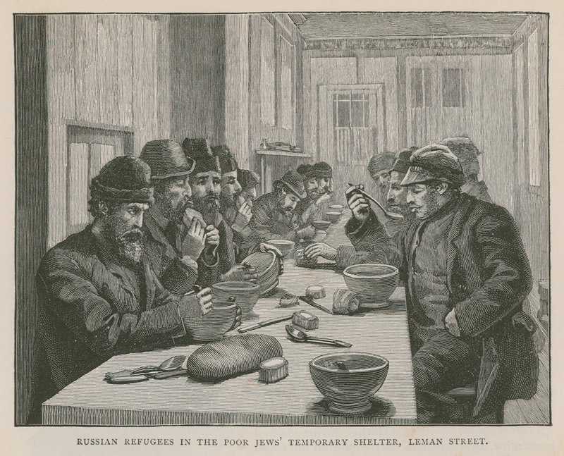 Refugiados russos no abrigo temporário dos judeus pobres, Leman Street, Londres de English School