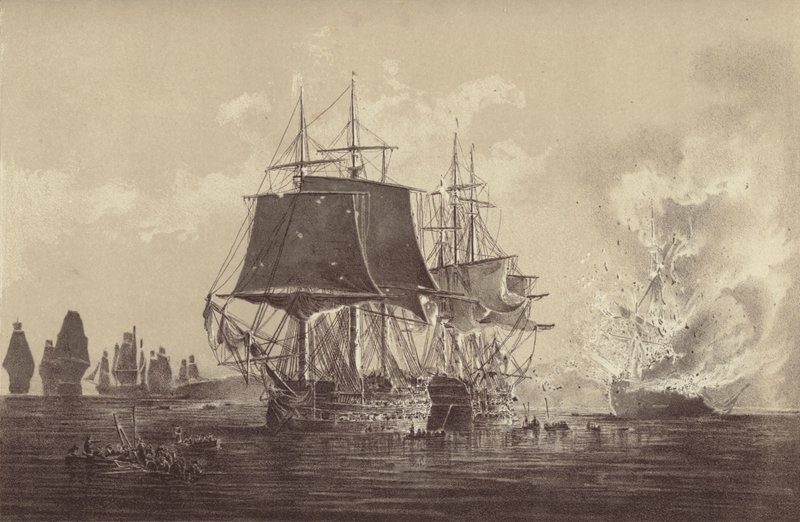 Navio russo Vsevolod destruído na presença da frota russa após a acção com o HMS Implacable, ligado à Marinha sueca e comandado pelo Capitão Thomas Byam Martin, no Báltico, 26 de Agosto de 1808 (litho) de English School