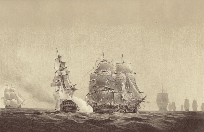 O navio russo Vsevolod a exibir as suas cores ao HMS Implacable, ligado à marinha sueca e comandado pelo capitão Thomas Byam Martin, no Báltico, 26 de agosto de 1808 (litografia) de English School