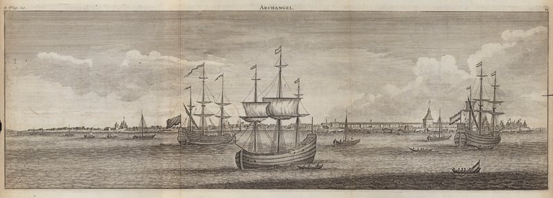 Navios à vela ao largo de Archangel, Rússia (gravura) de English School