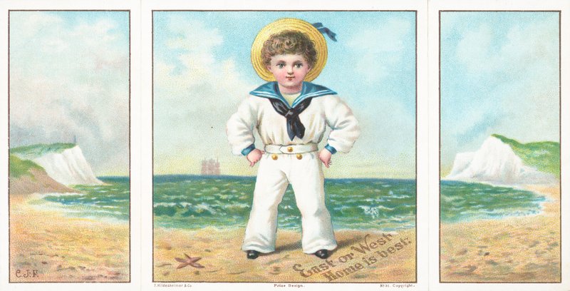 Marinheiro Boy na praia, cartão de Natal. de English School