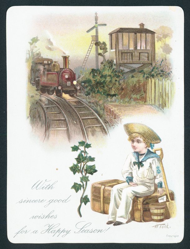 Trem de espera do menino de marinheiro, cartão de de English School
