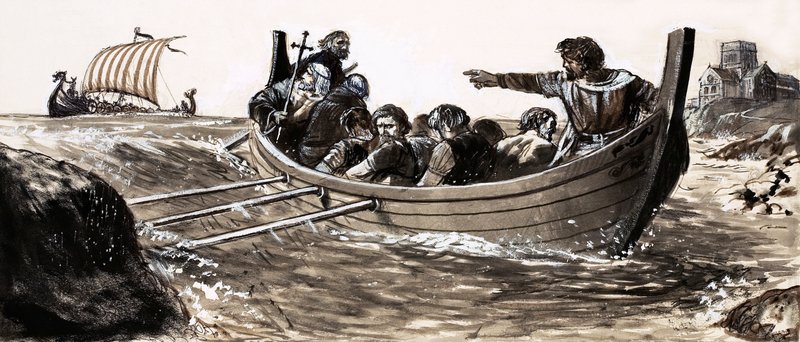 Saint Malo escapa aos Vikings saqueadores (guache no papel) de English School