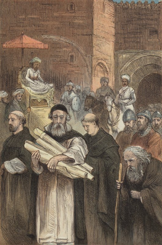 Saladino permite aos cristãos sair de Jerusalém (gravura colorida) de English School