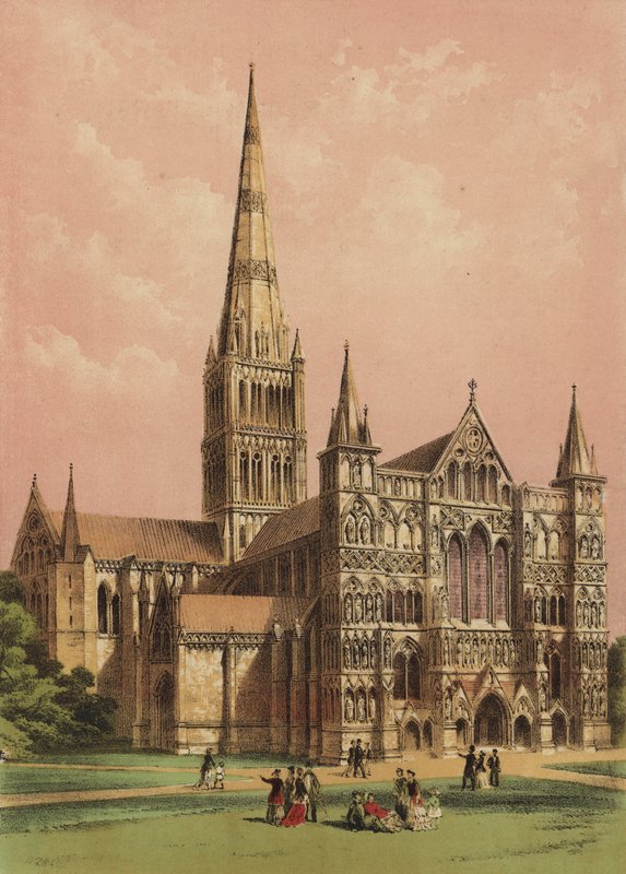 Catedral de Salisbury, Wiltshire (litografia a cores) de English School