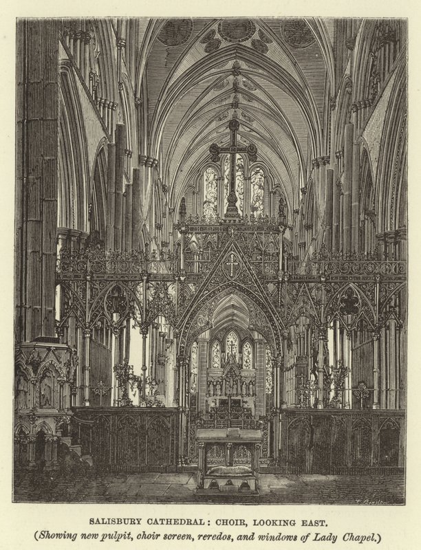 Catedral de Salisbury, coro, olhando para o leste, mostrando novo púlpito, tela de coro, retábulos e janelas de Lady Chapel de English School