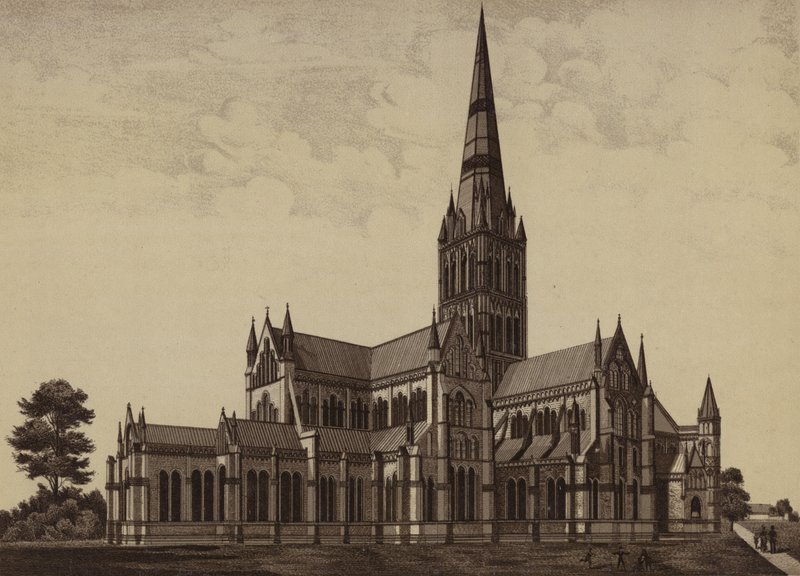 Catedral de Salisbury, do nordeste (Litho) de English School