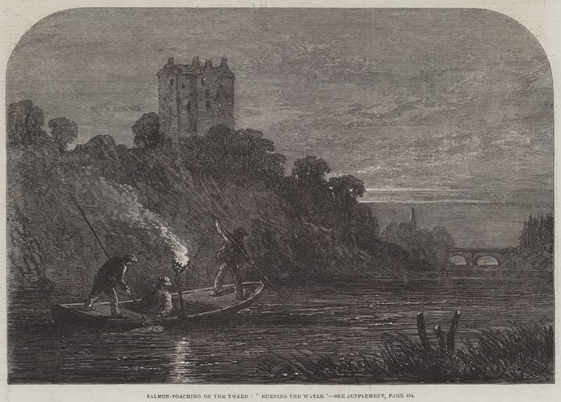 Salmon-Poaching on the Tweed, "Queimando a Água" (gravura) de English School