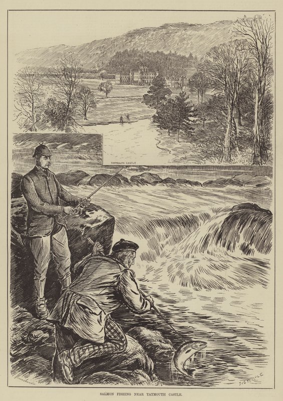 Salmon Fishing perto do Castelo de Taymouth (gravura) de English School