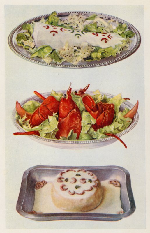 Maionese de salmão; Salada de lagosta; Soufflé de peixe (litografia a cores) de English School