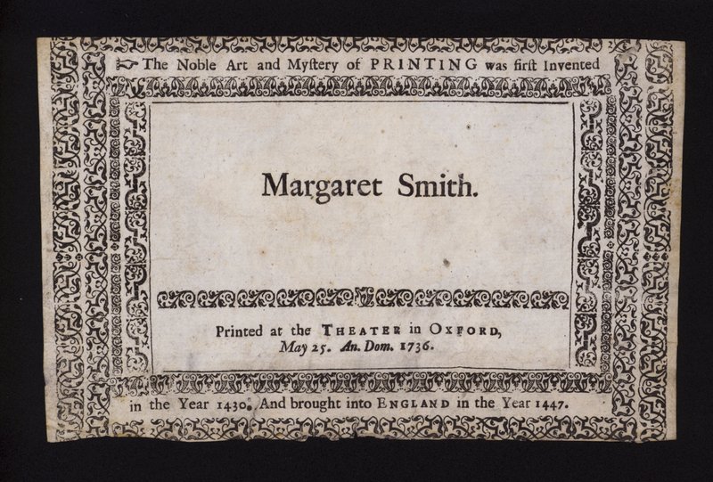 Amostra de impressão feita no Sheldonian Theatre, Oxford, em 25 de Maio de 1736 (gravura) de English School