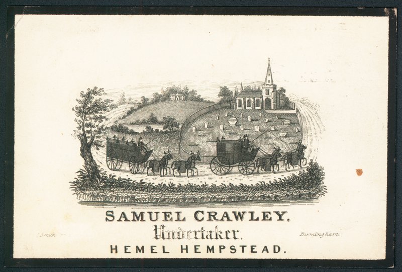 Samuel Crawley, agente funerário, cartão comercial de English School