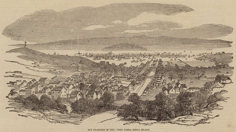 São Francisco em 1851, com a ilha Yerba Buena (gravura) de English School