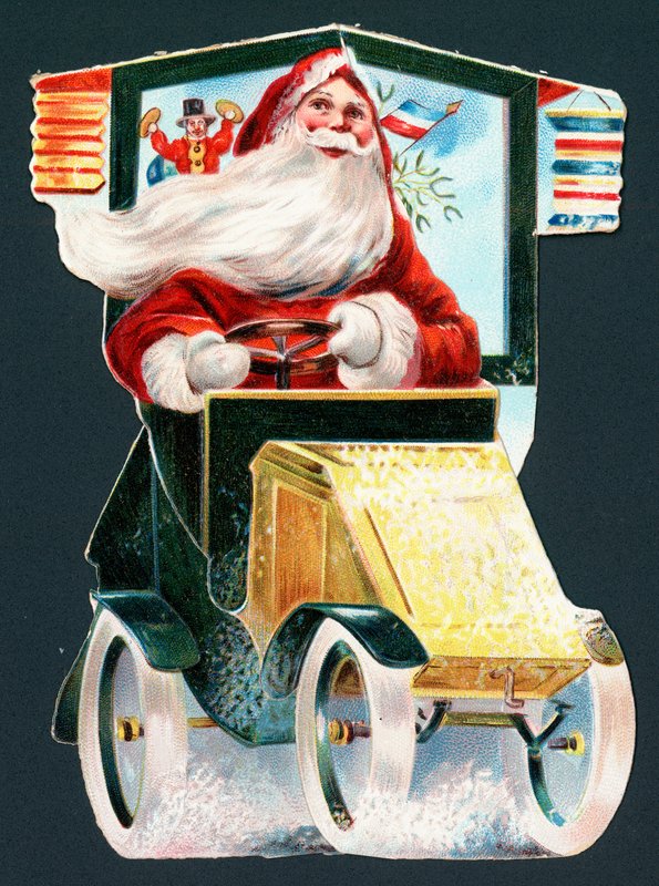 Papai Noel dirigindo um carro, cartão de Natal de English School