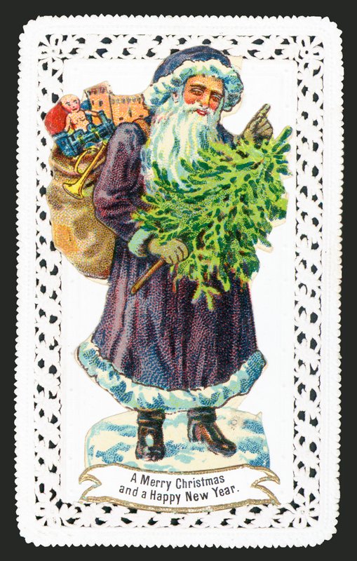 Papai Noel com saco de brinquedo e árvore, cartão de Natal de English School