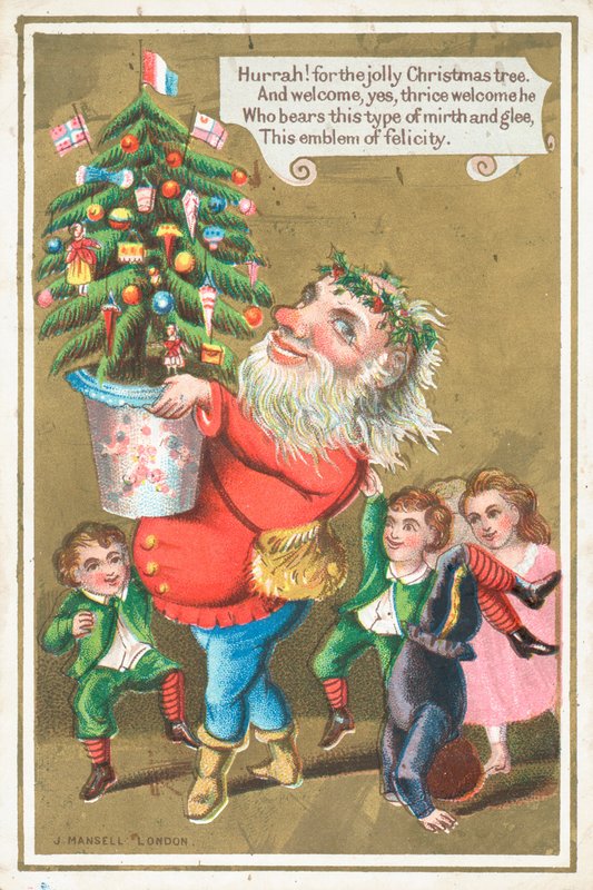 Papai Noel carregando árvore de Natal, cartão de Natal de English School