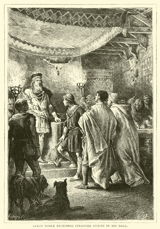 Saxon Noble recebendo convidados estranhos em seu salão de English School