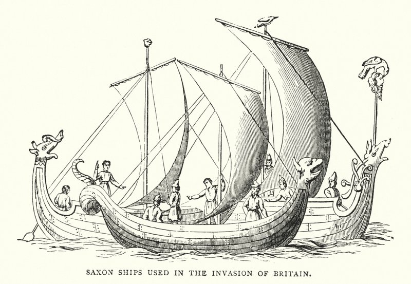 Navios saxões utilizados na invasão da Grã-Bretanha (gravura colorida) de English School