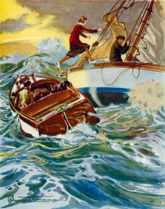 Cena de Four Valves and Sheila: uma mulher a saltar de um barco a motor para um iate em mar agitado (litografia a cores) de English School
