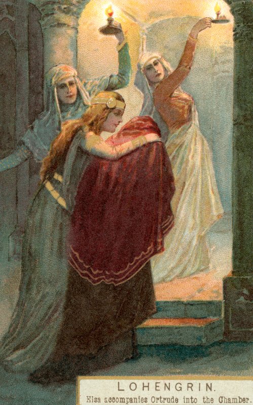 Cena de Lohengrin: Elsa acompanha Ortrude na câmara (cromolitho) de English School
