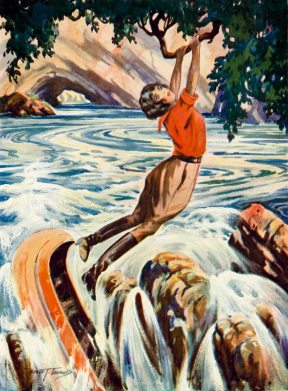 Cena de "The Tenderfoot": uma mulher evita passar por cima de um rio na sua canoa agarrando-se a um ramo suspenso de uma árvore (litografia a cores) de English School