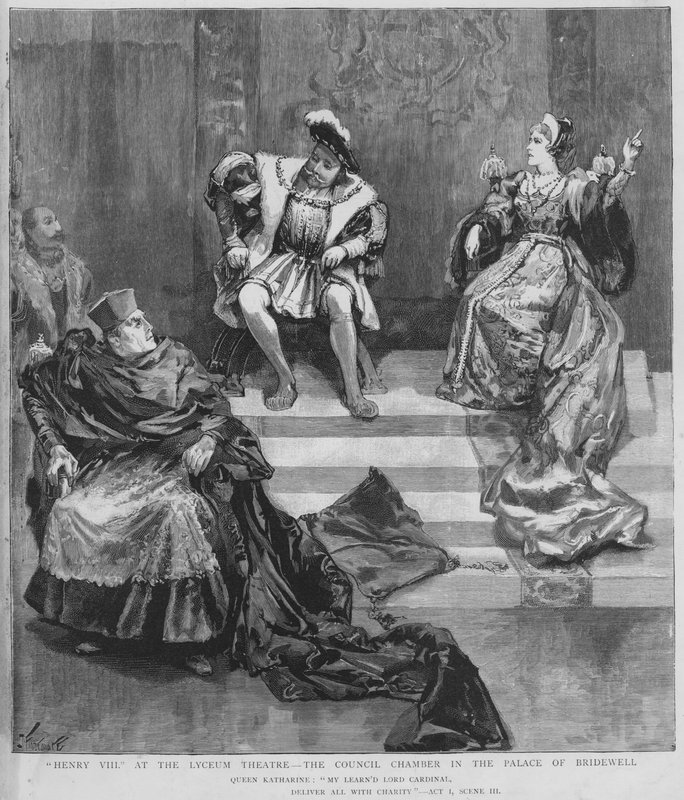 Cena de uma produção de Henrique VIII de Shakespeare no Lyceum Theatre, Londres (litho) de English School