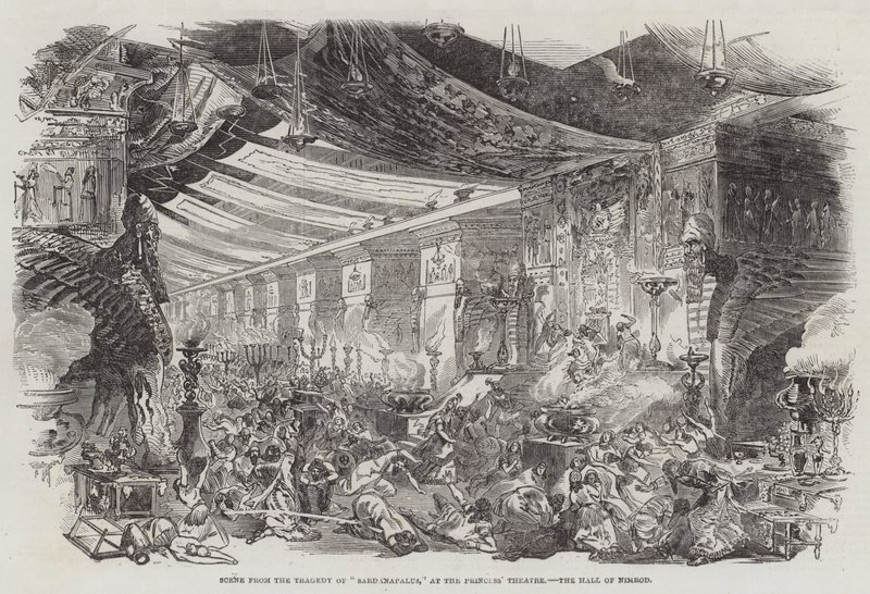 Cena da Tragédia de "Sardanapalus", no Teatro da Princesa, no Salão de Nimrod (gravura) de English School