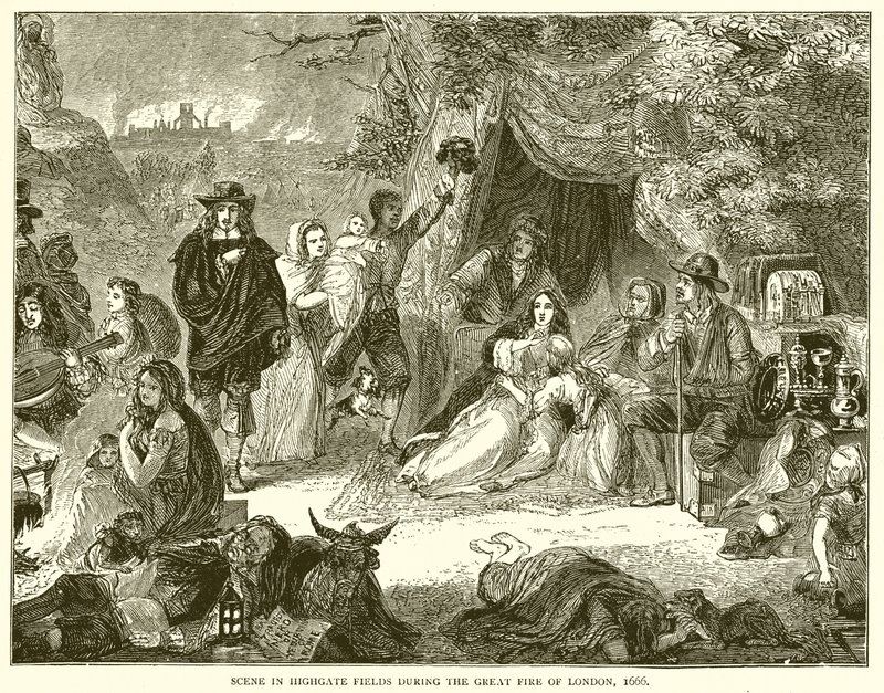 Cena em Highgate Fields durante o Grande Incêndio de Londres, 1666 de English School