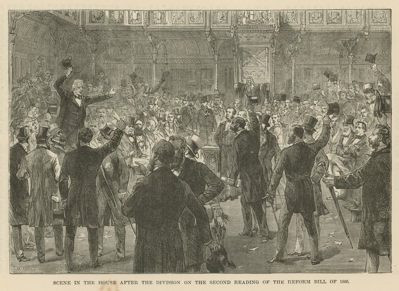 Cena na Câmara dos Comuns após a divisão na segunda leitura do Reform Bill de 1866 de English School
