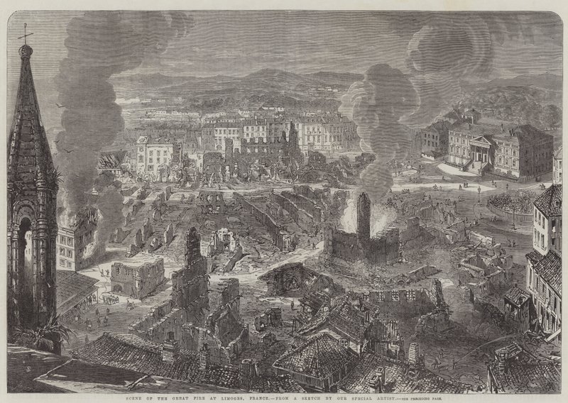 Cena do Grande incêndio em Limoges, França (gravura) de English School