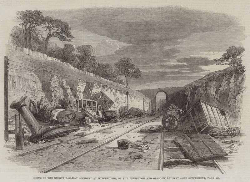 Cena do recente acidente ferroviário em Winchburgh, na linha de Edimburgo e Glasgow (gravura) de English School