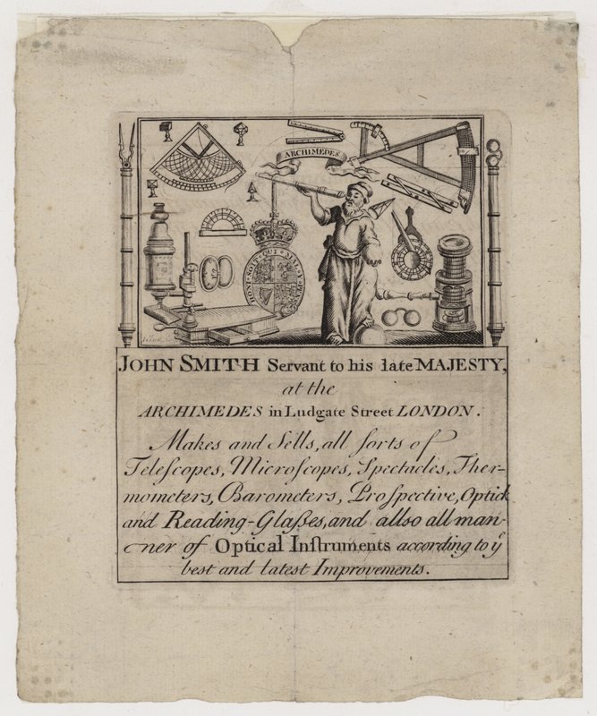 Fabricante de Instrumentos Científicos, John Smith, trade card de English School