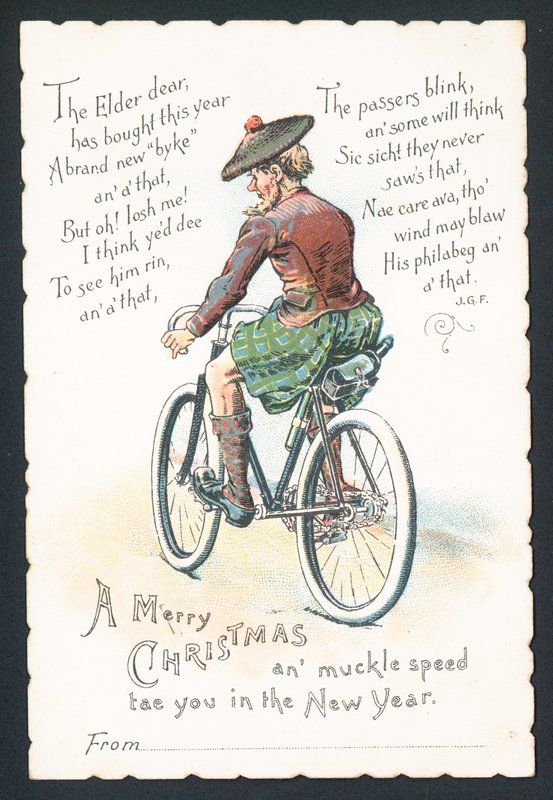 Scotsman na bicicleta, cartão de Natal de English School