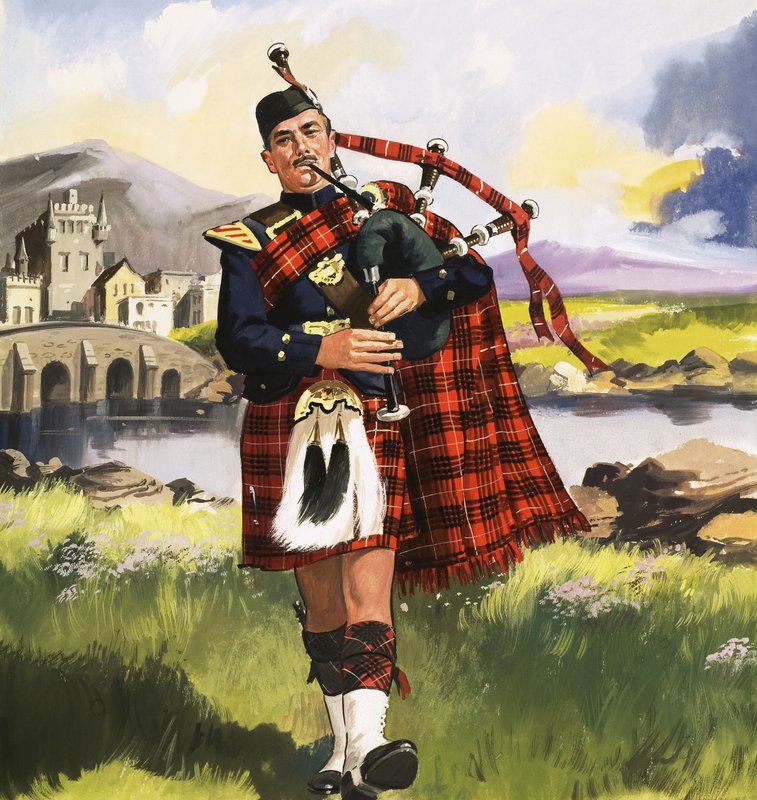 Escocês, tocando, bagpipes de English School