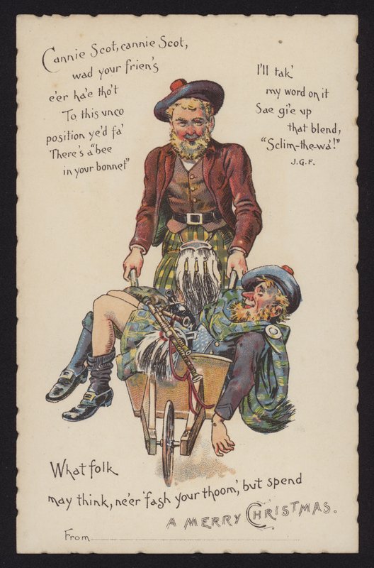 Escocês levando seu amigo bêbado para casa em um carrinho de mão (chromolitho) de English School