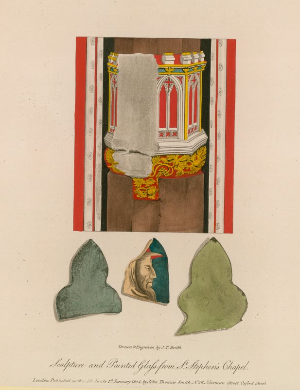 Escultura e vidro pintado da Capela de Santo Estêvão (gravura colorida) de English School